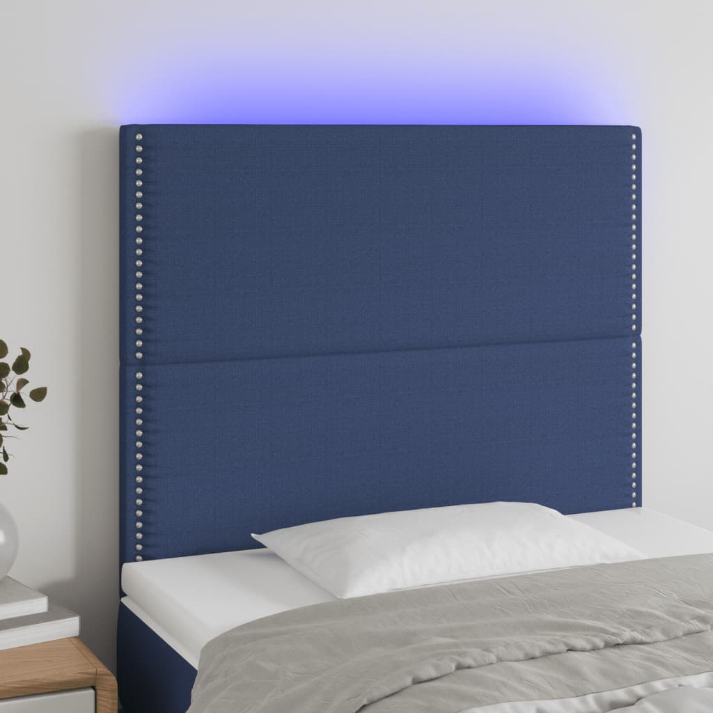 Tăblie de pat cu LED, albastru, 90x5x118/128 cm, textil - Lando