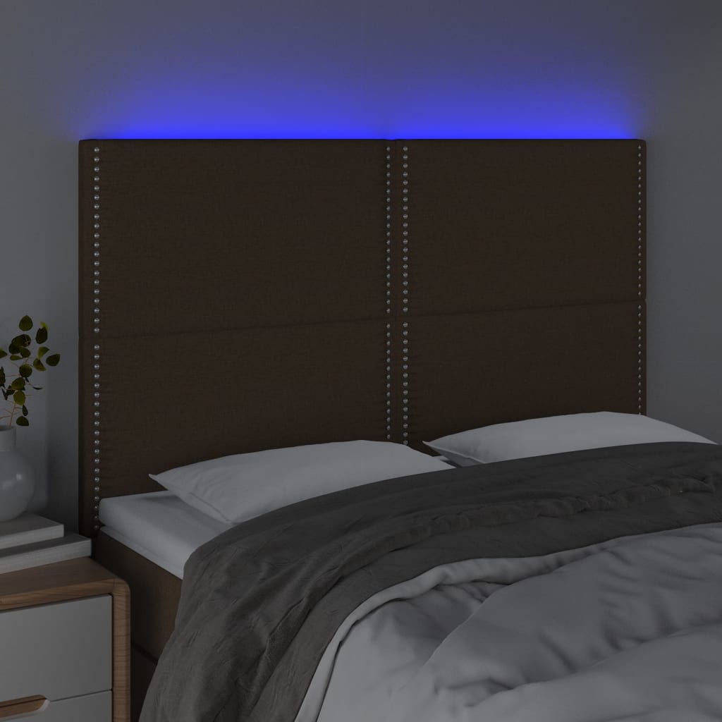 Tăblie de pat cu LED, maro închis, 144x5x118/128 cm, textil - Lando