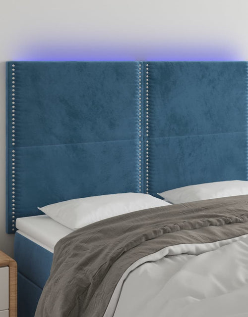 Încărcați imaginea în vizualizatorul Galerie, Tăblie de pat cu LED, albastru închis, 144x5x118/128cm, catifea - Lando
