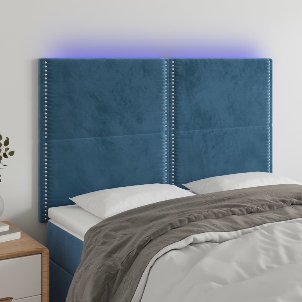 Tăblie de pat cu LED, albastru închis, 144x5x118/128cm, catifea - Lando