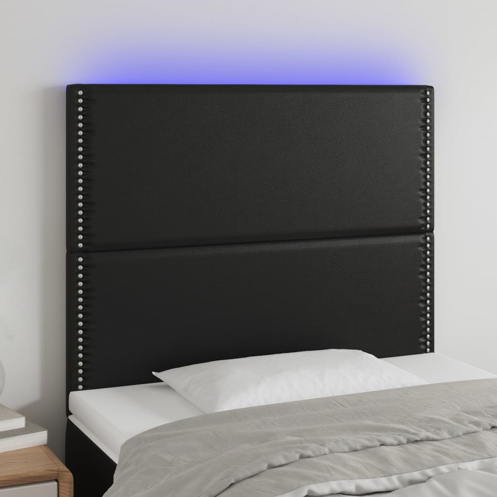 Tăblie de pat cu LED, negru, 80x5x118/128 cm, piele ecologică - Lando