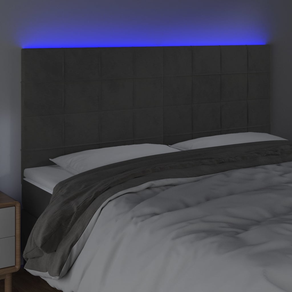Tăblie de pat cu LED, gri închis, 200x5x118/128 cm, catifea - Lando