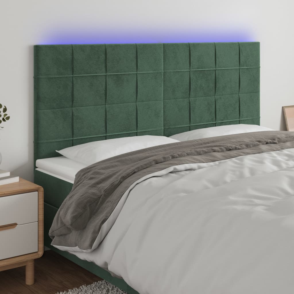 Tăblie de pat cu LED, verde închis, 200x5x118/128 cm, catifea - Lando