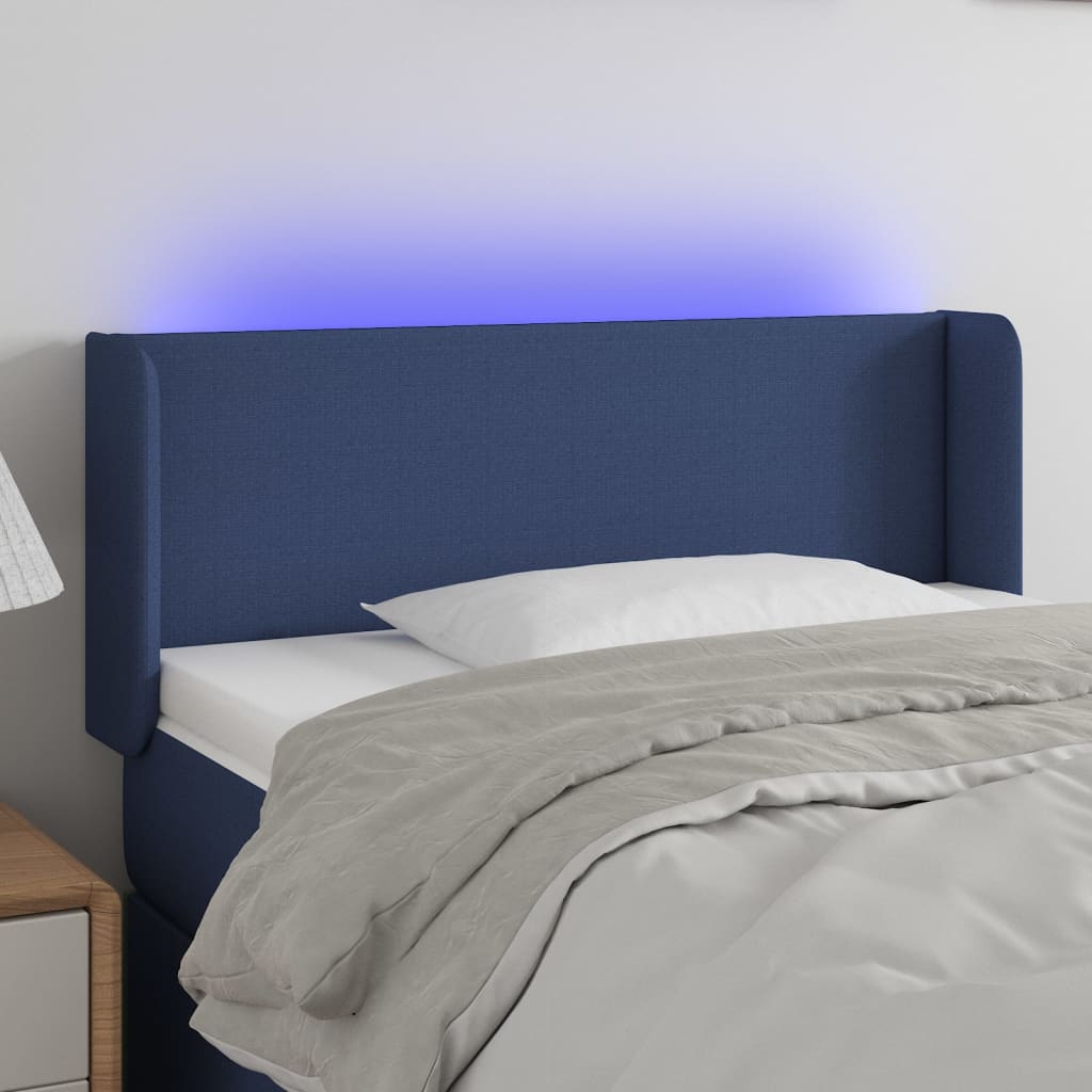 Tăblie de pat cu LED, albastru, 83x16x78/88 cm, textil - Lando