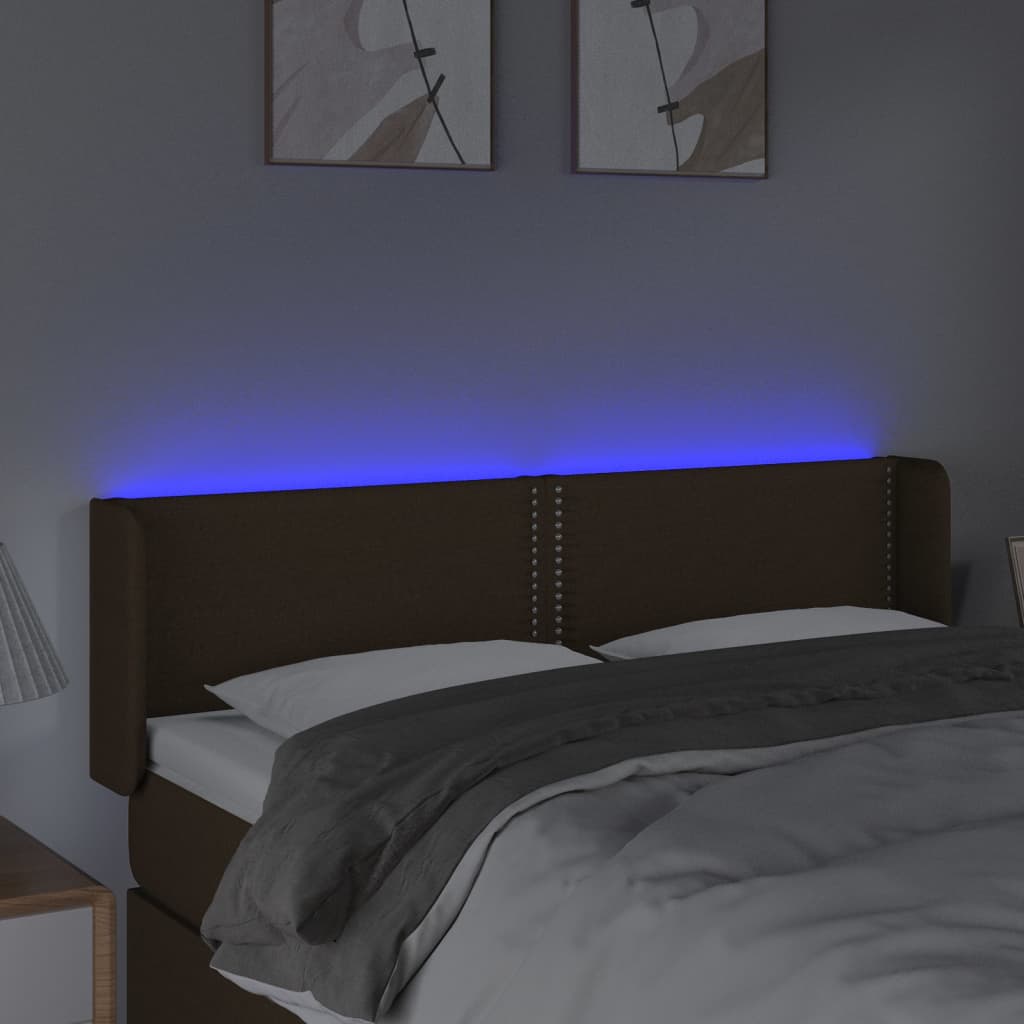 Tăblie de pat cu LED, maro închis, 147x16x78/88 cm, textil - Lando