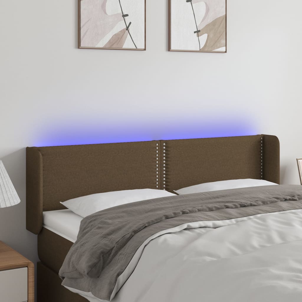 Tăblie de pat cu LED, maro închis, 147x16x78/88 cm, textil - Lando