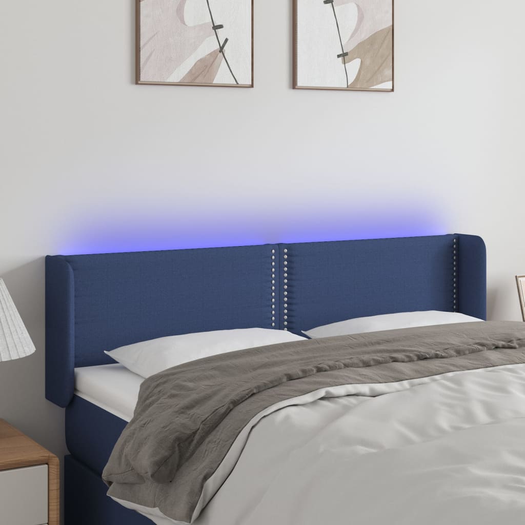 Tăblie de pat cu LED, albastru, 147x16x78/88 cm, textil - Lando