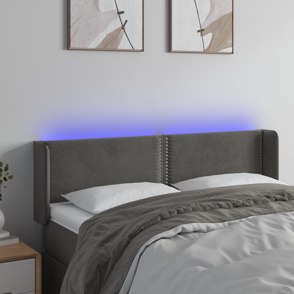 Tăblie de pat cu LED, gri închis, 147x16x78/88 cm, catifea - Lando