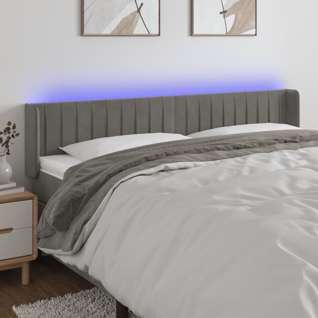 Tăblie de pat cu LED, gri deschis, 203x16x78/88 cm, catifea - Lando
