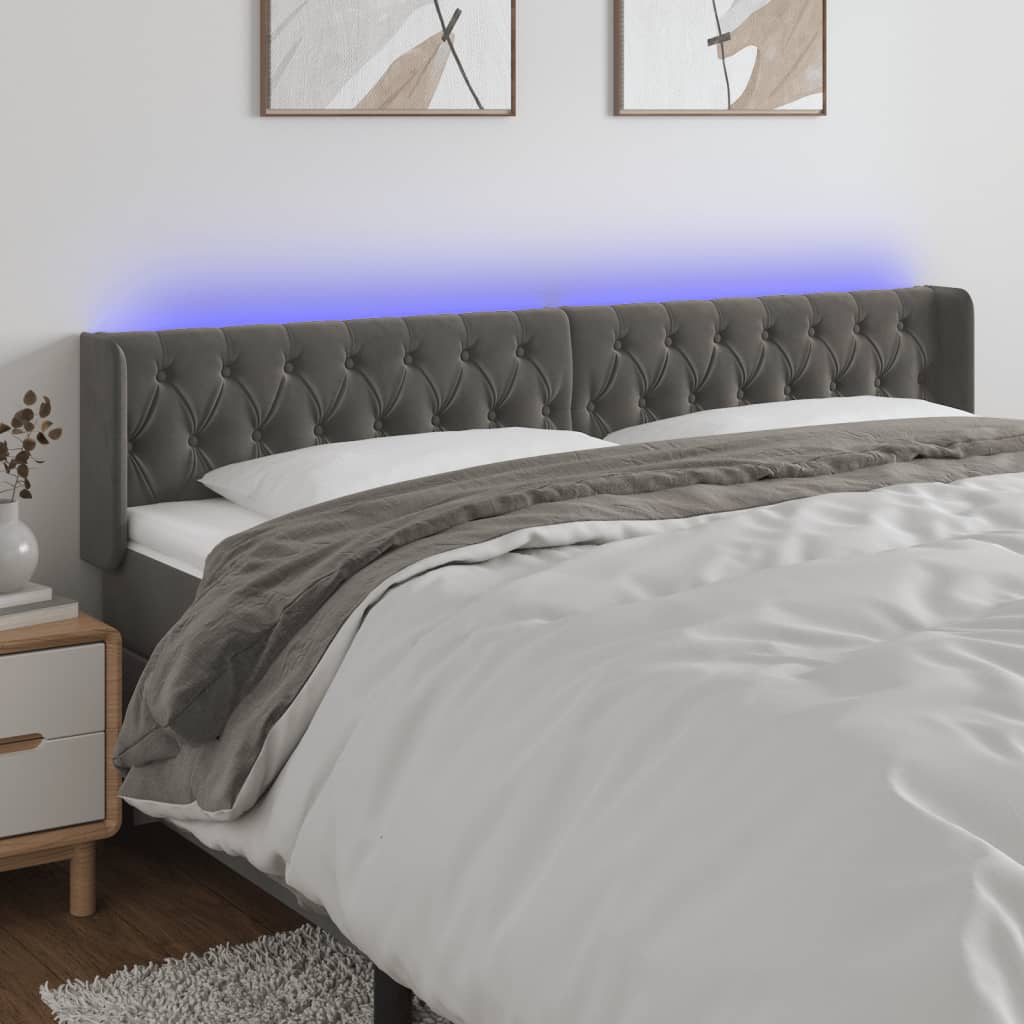 Tăblie de pat cu LED, gri închis, 203x16x78/88 cm, catifea - Lando