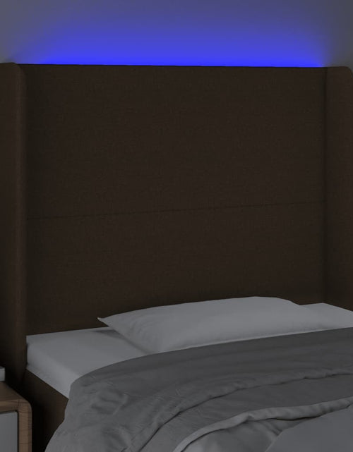Încărcați imaginea în vizualizatorul Galerie, Tăblie de pat cu LED, maro închis, 93x16x118/128 cm, textil - Lando
