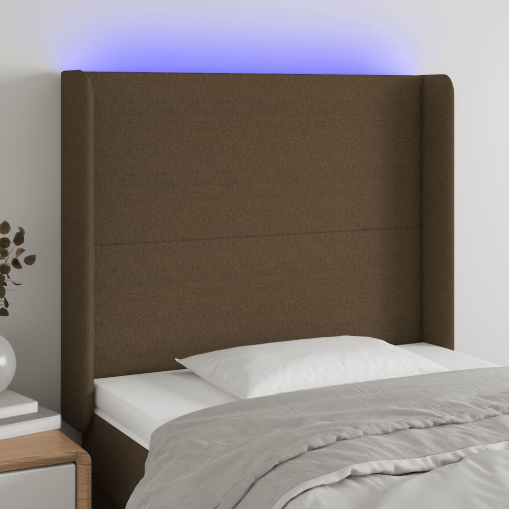 Tăblie de pat cu LED, maro închis, 93x16x118/128 cm, textil - Lando