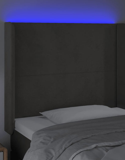 Загрузите изображение в средство просмотра галереи, Tăblie de pat cu LED, gri închis, 103x16x118/128 cm, catifea - Lando
