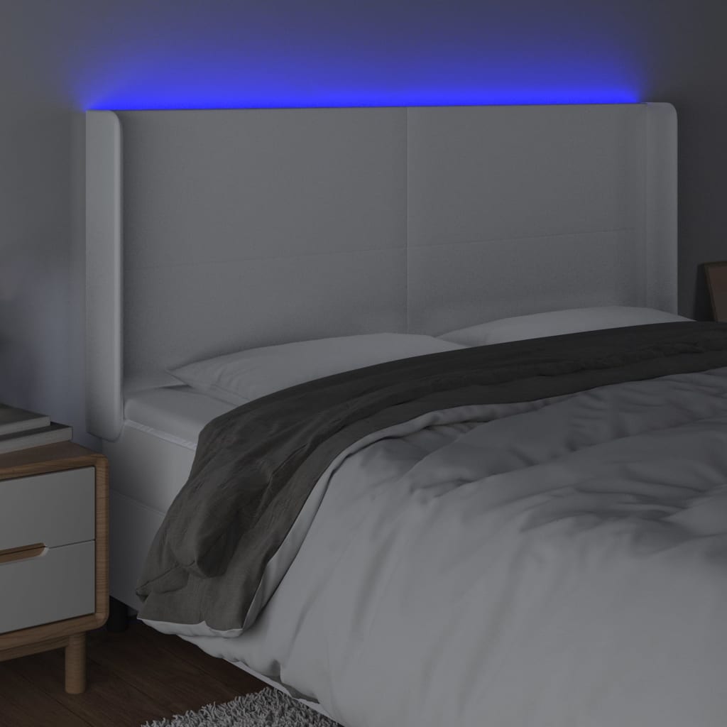Tăblie de pat cu LED, alb, 203x16x118/128 cm, piele ecologică - Lando