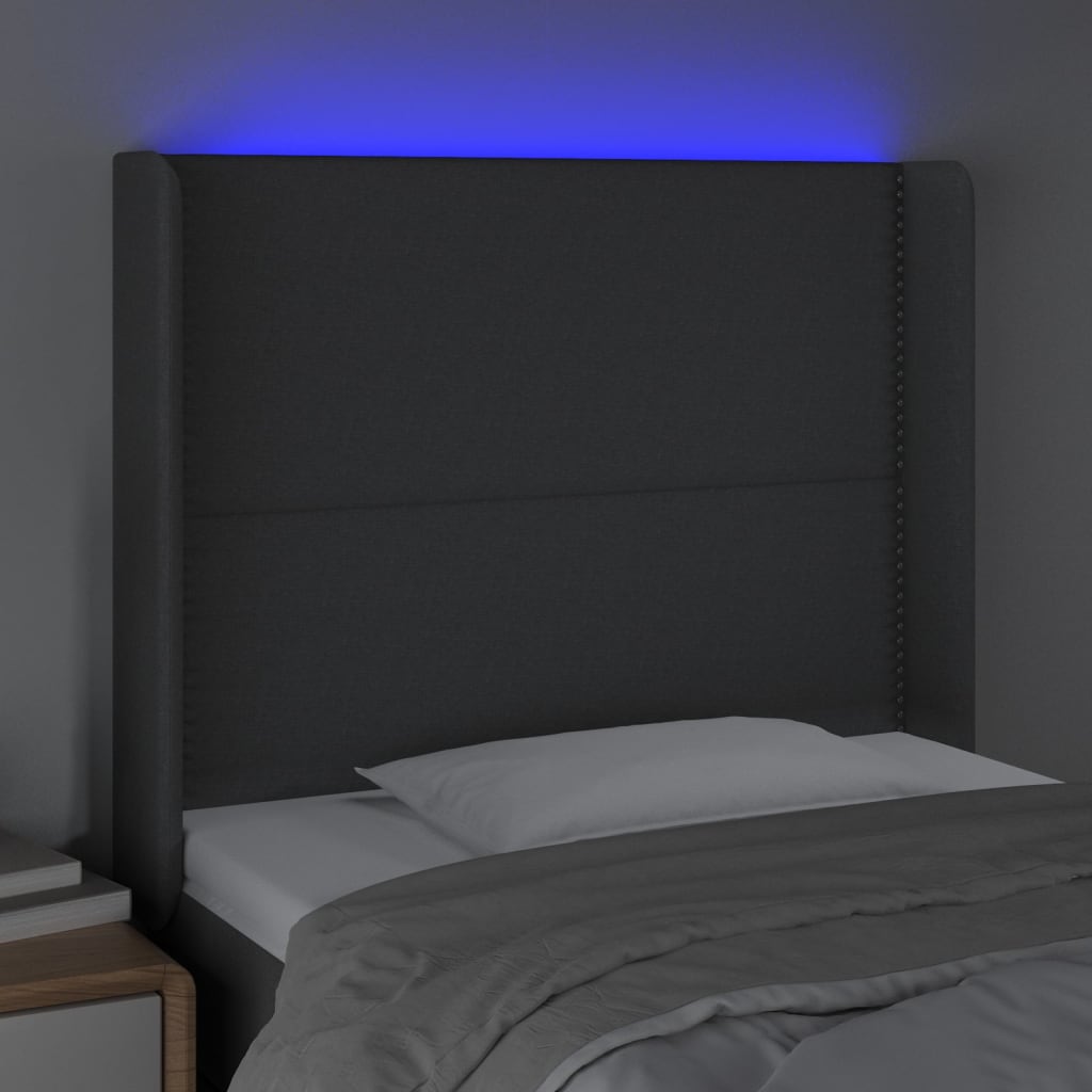 Tăblie de pat cu LED, gri închis, 83x16x118/128 cm, textil - Lando