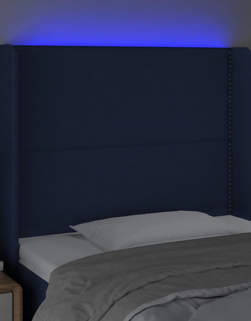 Încărcați imaginea în vizualizatorul Galerie, Tăblie de pat cu LED, albastru, 83x16x118/128 cm, textil - Lando
