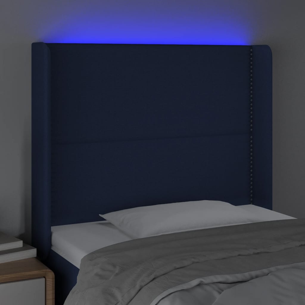 Tăblie de pat cu LED, albastru, 83x16x118/128 cm, textil - Lando