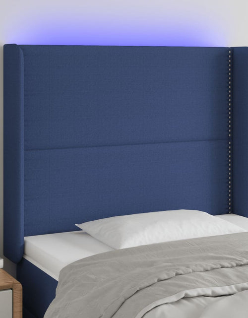 Încărcați imaginea în vizualizatorul Galerie, Tăblie de pat cu LED, albastru, 83x16x118/128 cm, textil - Lando
