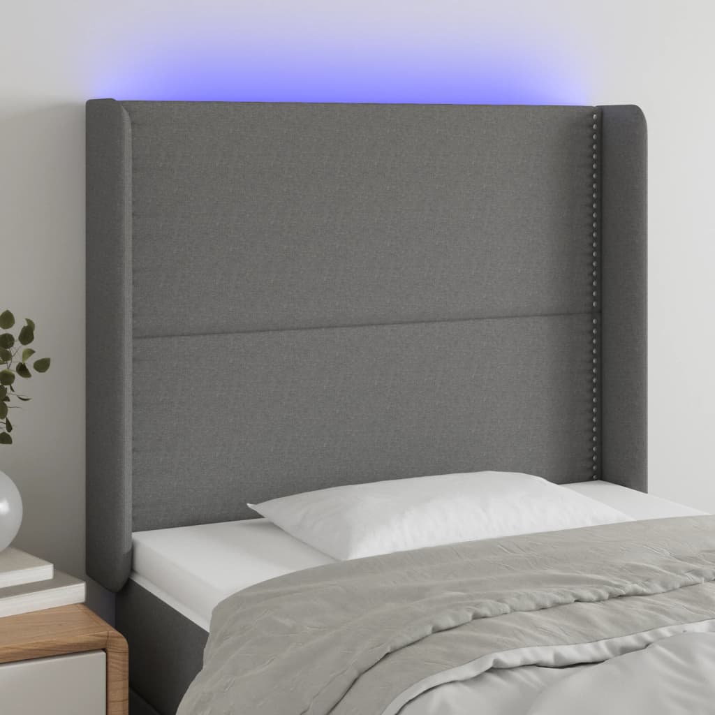 Tăblie de pat cu LED, gri închis, 93x16x118/128 cm, textil - Lando