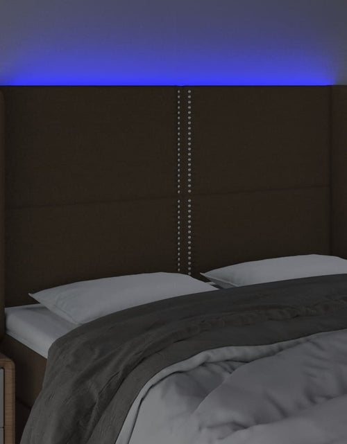 Încărcați imaginea în vizualizatorul Galerie, Tăblie de pat cu LED, maro închis, 147x16x118/128 cm, textil - Lando
