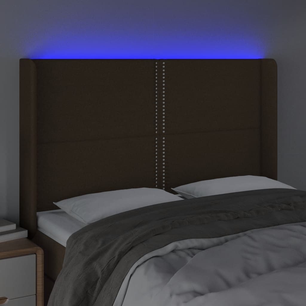 Tăblie de pat cu LED, maro închis, 147x16x118/128 cm, textil - Lando