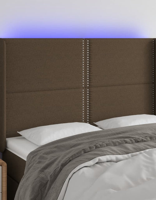 Încărcați imaginea în vizualizatorul Galerie, Tăblie de pat cu LED, maro închis, 147x16x118/128 cm, textil - Lando
