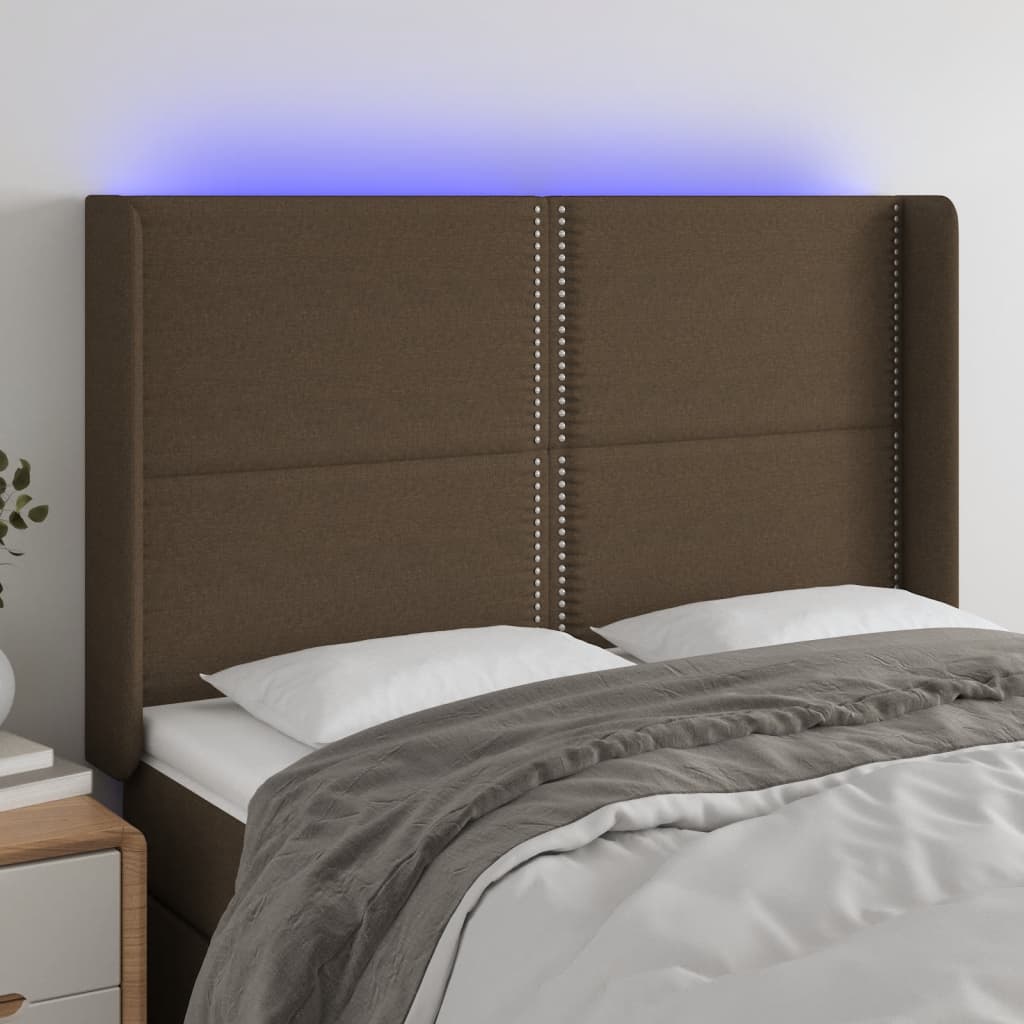 Tăblie de pat cu LED, maro închis, 147x16x118/128 cm, textil - Lando