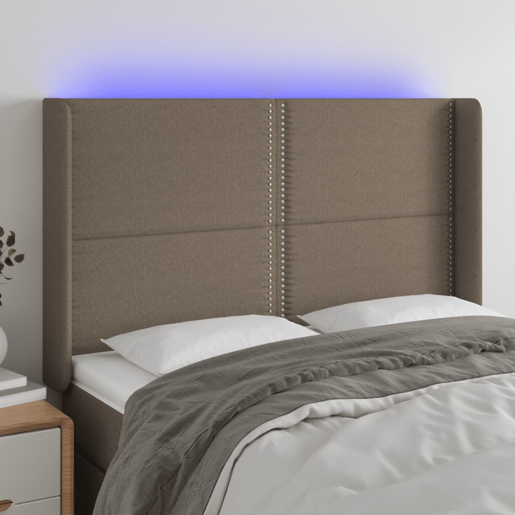 Tăblie de pat cu LED, gri taupe, 147x16x118/128 cm, textil - Lando