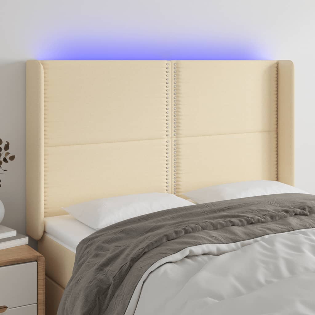 Tăblie de pat cu LED, crem, 147x16x118/128 cm, textil - Lando