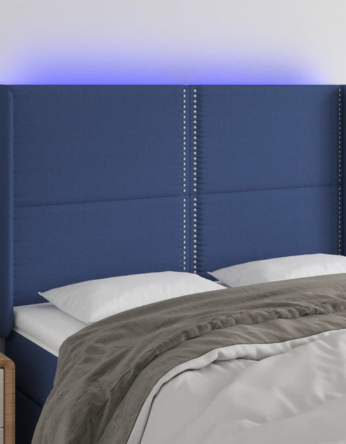 Încărcați imaginea în vizualizatorul Galerie, Tăblie de pat cu LED, albastru, 147x16x118/128 cm, textil - Lando
