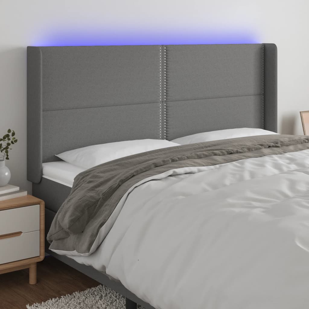 Tăblie de pat cu LED, gri închis, 163x16x118/128 cm, textil - Lando
