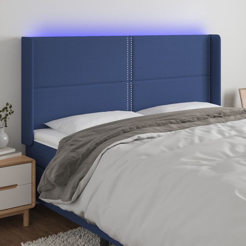 Tăblie de pat cu LED, albastru, 183x16x118/128 cm, textil - Lando