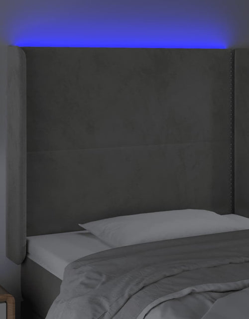 Загрузите изображение в средство просмотра галереи, Tăblie de pat cu LED, gri deschis, 83x16x118/128 cm, catifea - Lando
