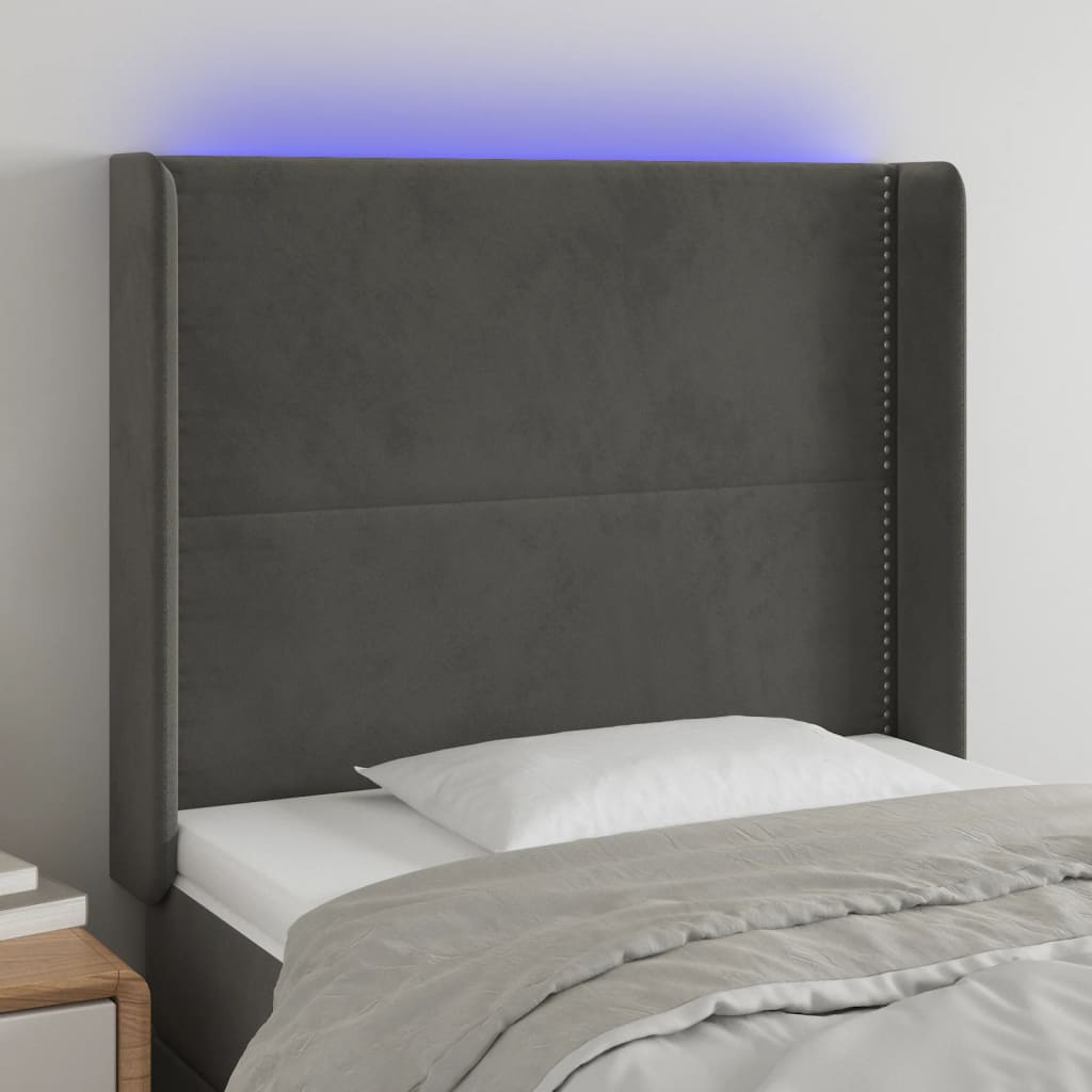 Tăblie de pat cu LED, gri închis, 93x16x118/128 cm, catifea - Lando