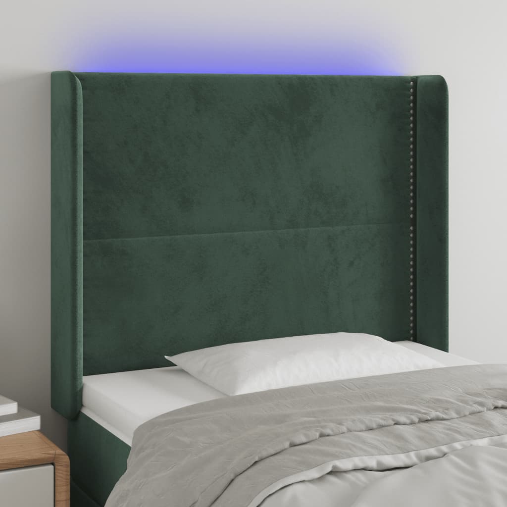 Tăblie de pat cu LED, verde închis, 103x16x118/128 cm, catifea - Lando