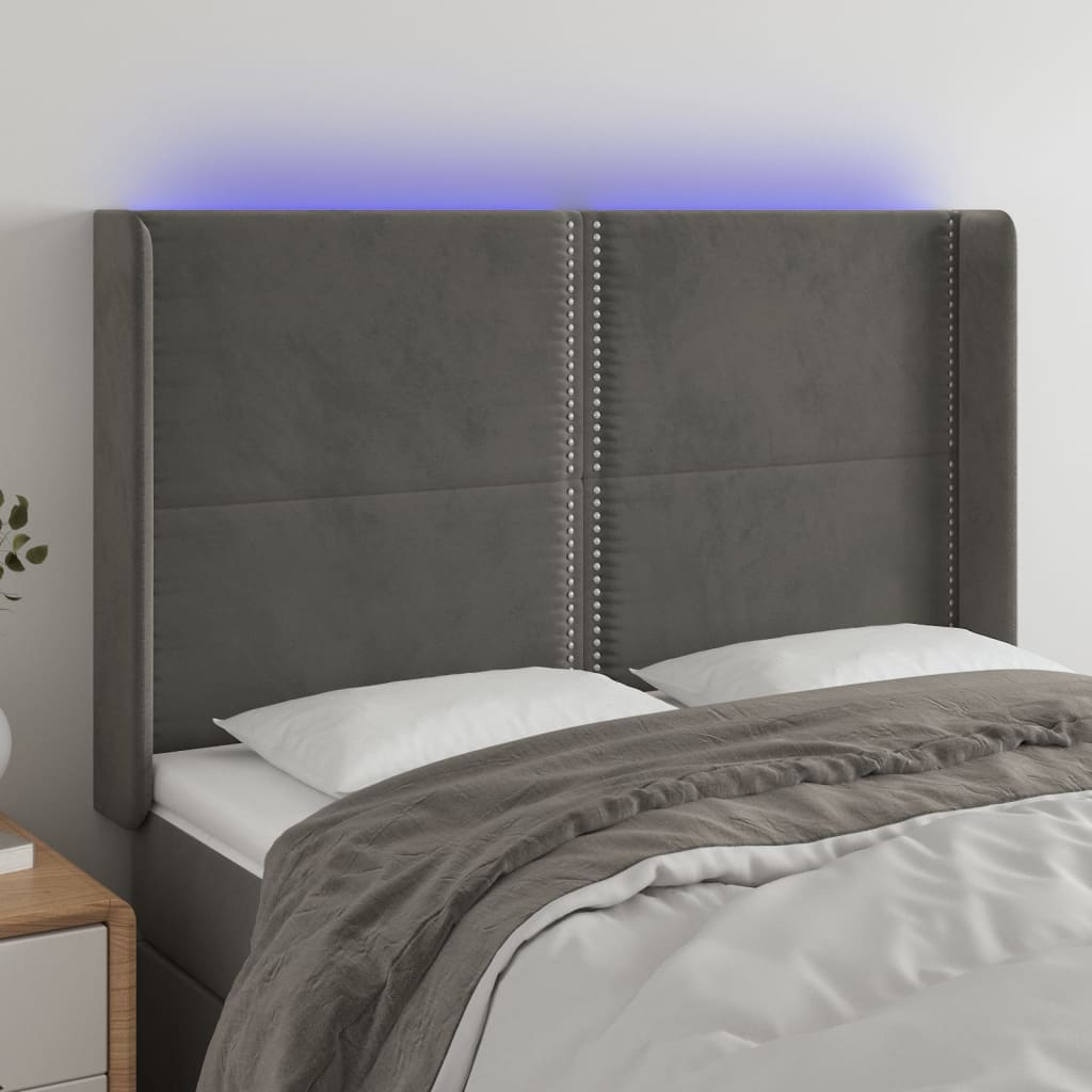 Tăblie de pat cu LED, gri închis, 147x16x118/128 cm, catifea - Lando