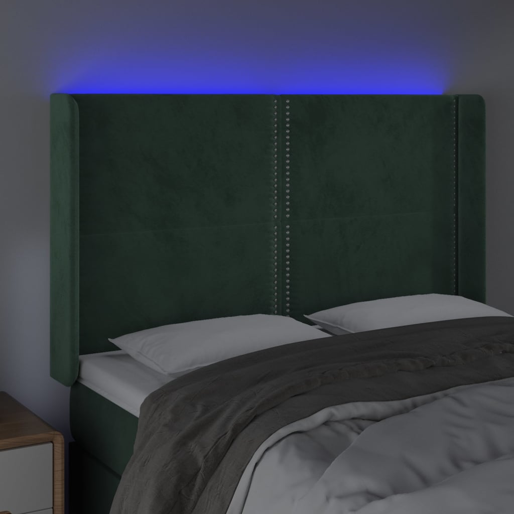 Tăblie de pat cu LED, verde închis, 147x16x118/128 cm, catifea - Lando