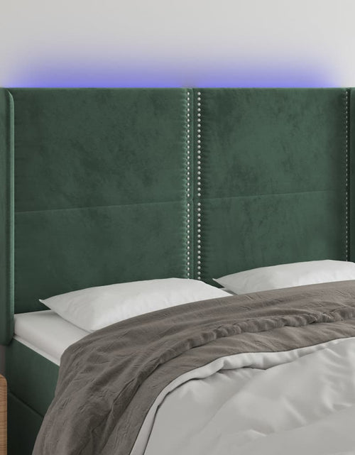 Загрузите изображение в средство просмотра галереи, Tăblie de pat cu LED, verde închis, 147x16x118/128 cm, catifea - Lando
