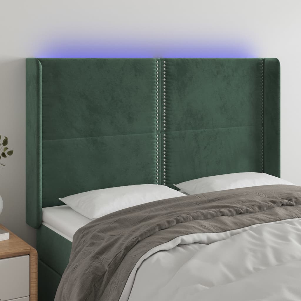 Tăblie de pat cu LED, verde închis, 147x16x118/128 cm, catifea - Lando