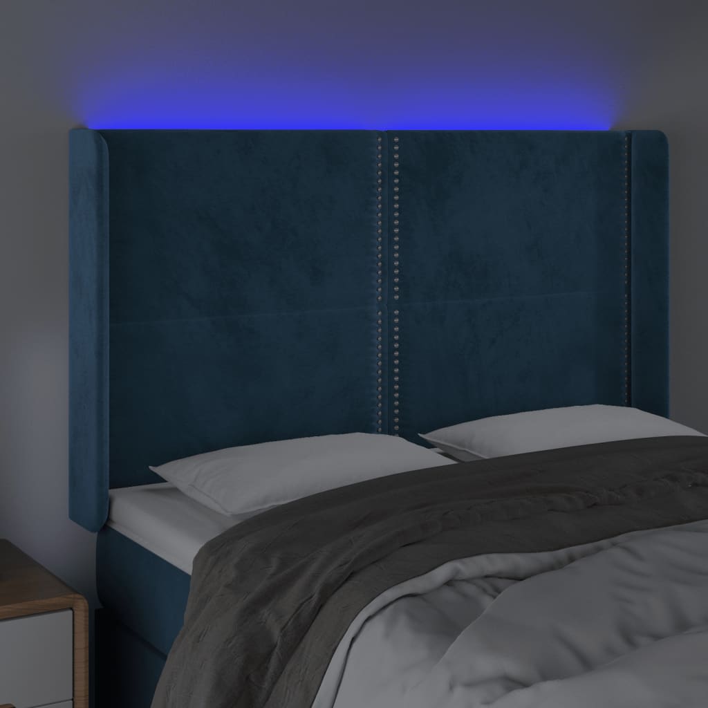 Tăblie de pat cu LED, albastru închis, 147x16x118/128cm catifea - Lando