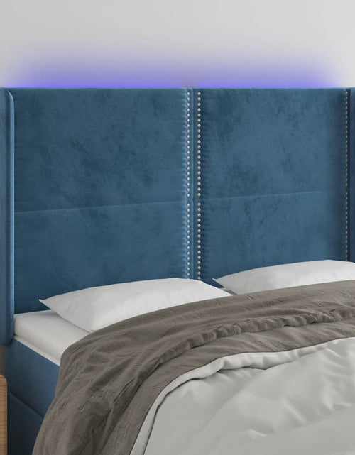 Загрузите изображение в средство просмотра галереи, Tăblie de pat cu LED, albastru închis, 147x16x118/128cm catifea - Lando
