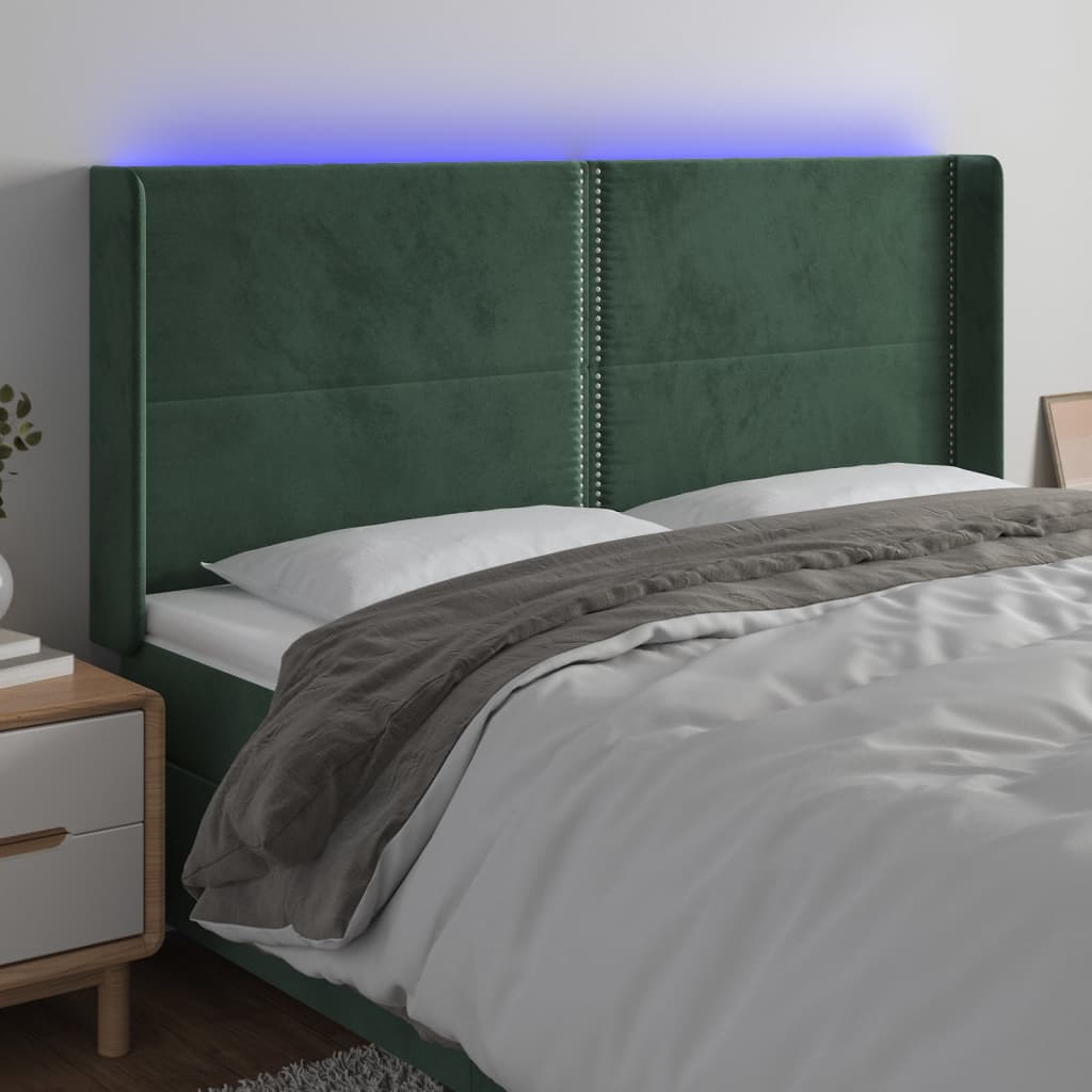 Tăblie de pat cu LED, verde închis, 203x16x118/128 cm, catifea - Lando