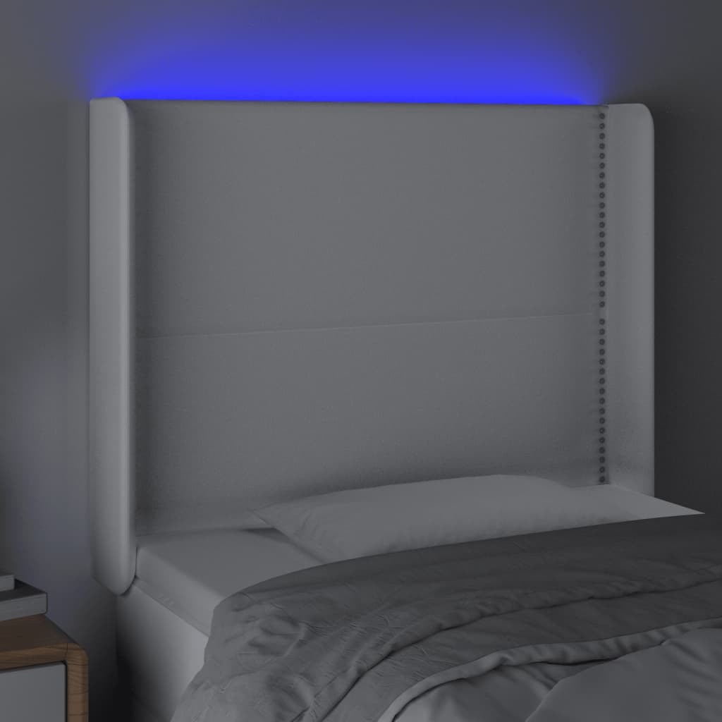Tăblie de pat cu LED, alb, 103x16x118/128 cm, piele ecologică - Lando