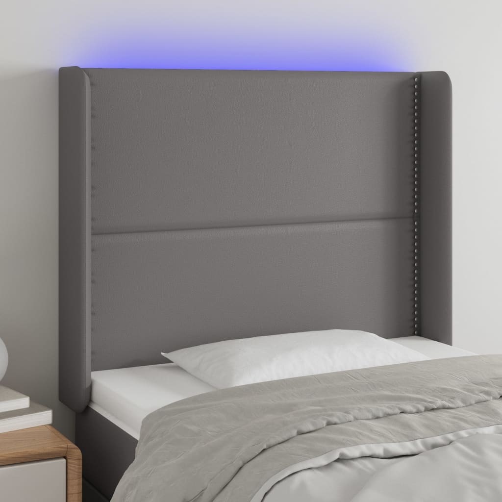 Tăblie de pat cu LED, gri, 103x16x118/128 cm, piele ecologică - Lando