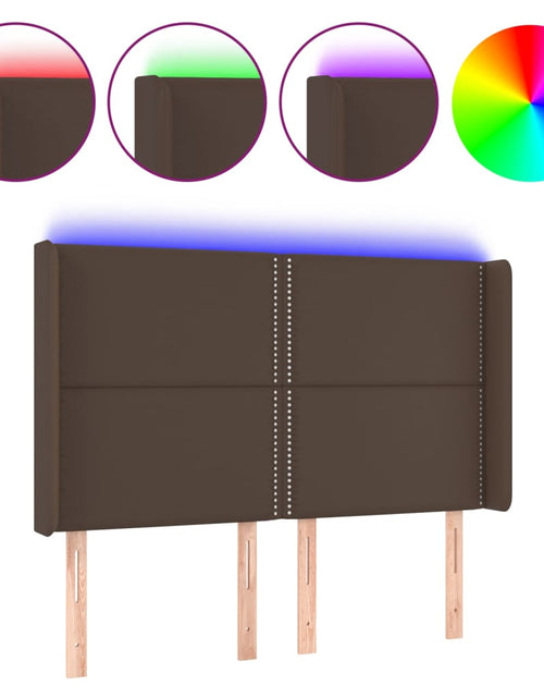 Загрузите изображение в средство просмотра галереи, Tăblie de pat cu LED, maro, 147x16x118/128 cm, piele ecologică - Lando
