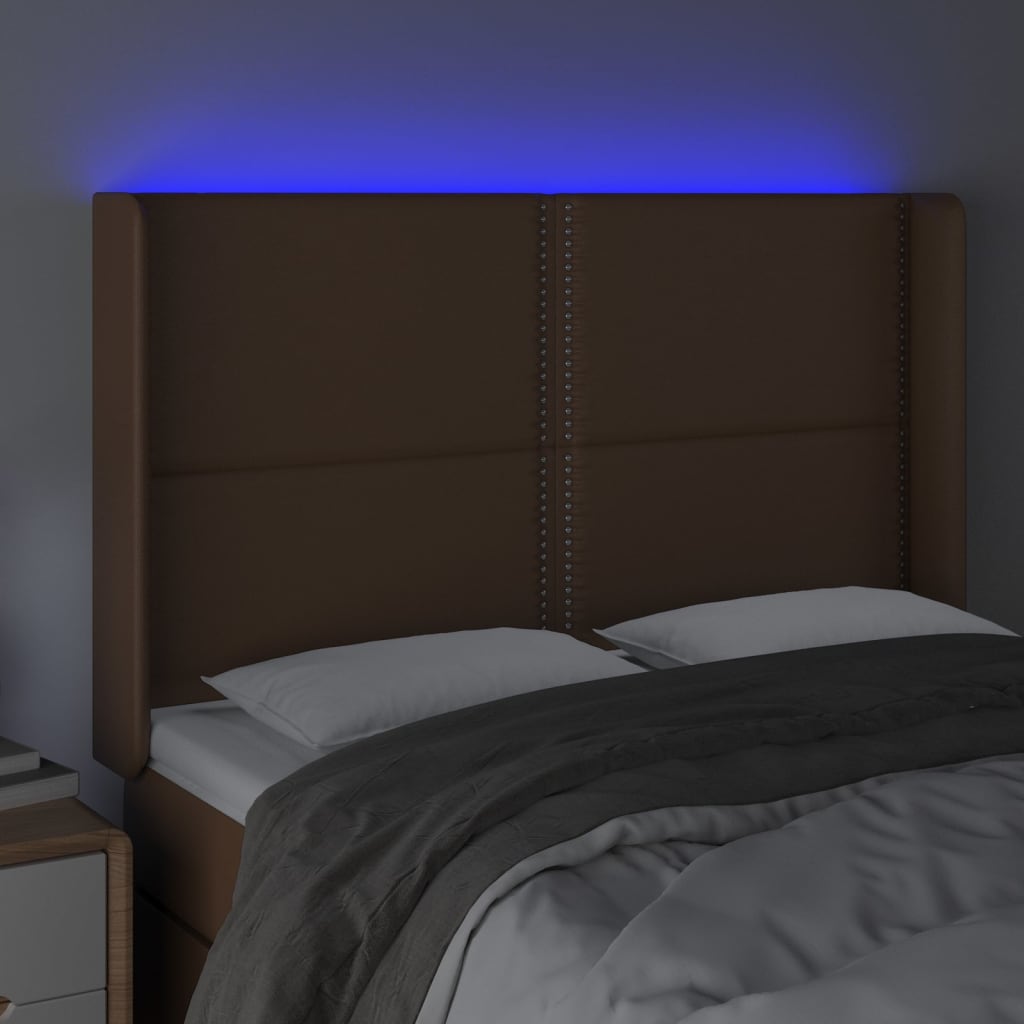 Tăblie de pat cu LED, maro, 147x16x118/128 cm, piele ecologică - Lando