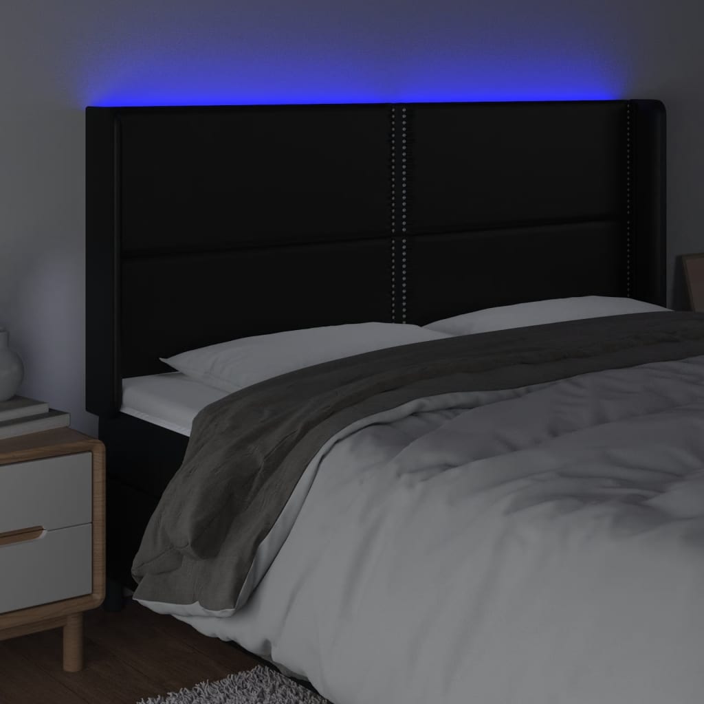 Tăblie de pat cu LED, negru, 163x16x118/128 cm, piele ecologică - Lando