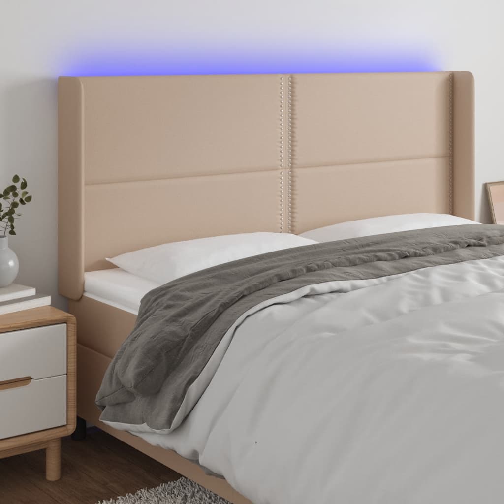 Tăblie de pat cu LED, cappuccino, 203x16x118/128 cm, piele eco - Lando