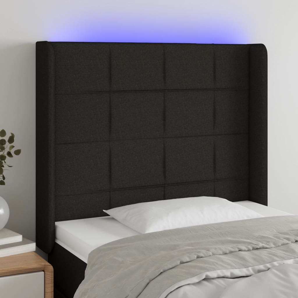 Tăblie de pat cu LED, negru, 103x16x118/128 cm, textil - Lando