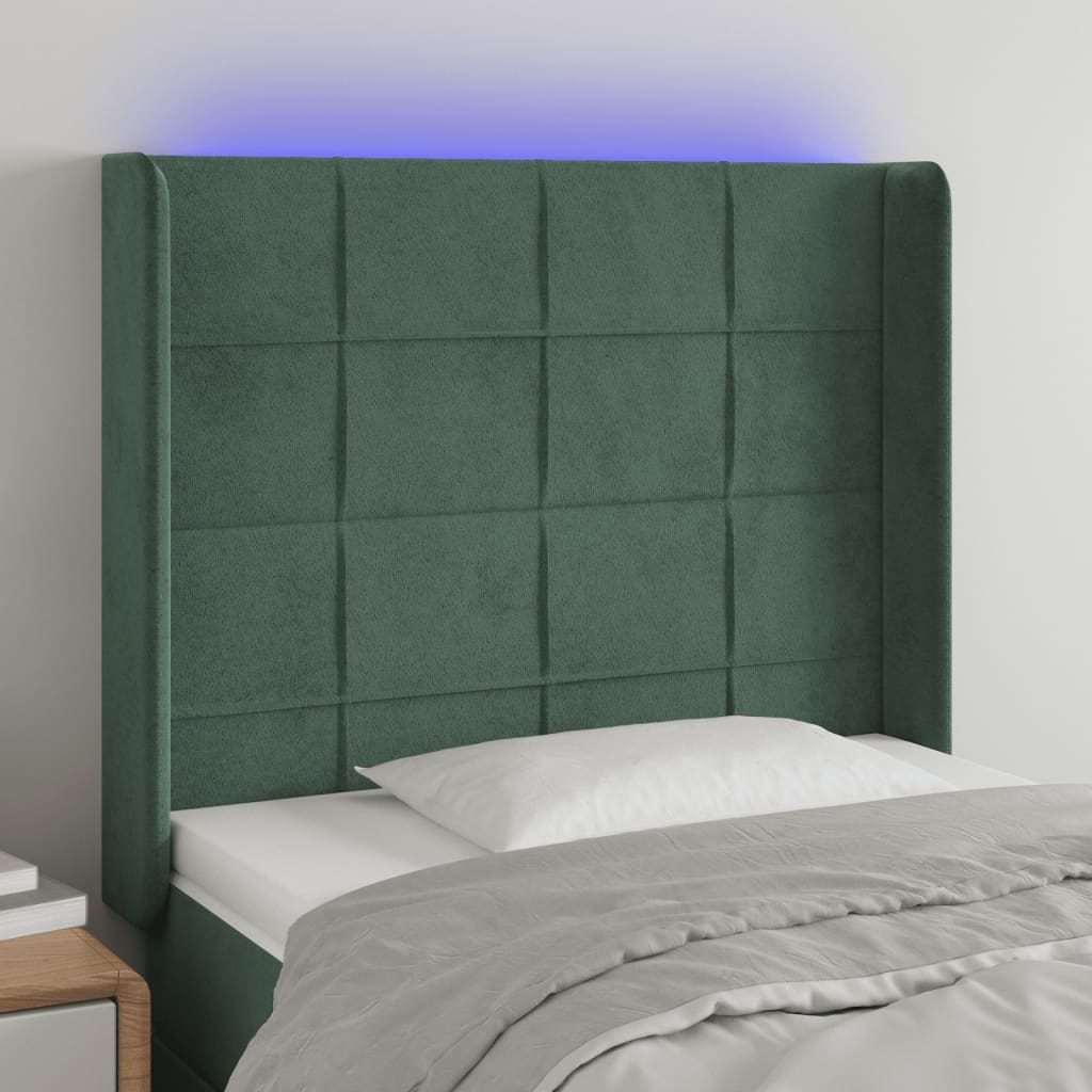Tăblie de pat cu LED, verde închis, 103x16x118/128 cm, catifea - Lando